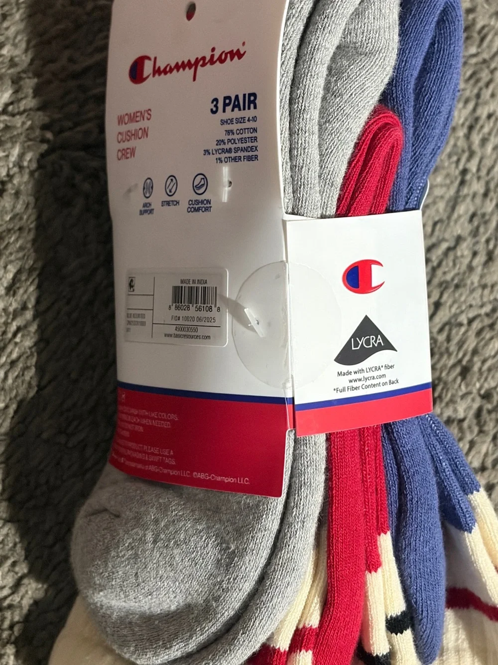 Champion Women's Cushion Crew Socks - Blue, Cream & Red (3 Pair)
